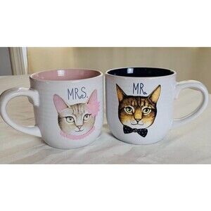 EUC~Set of MR & MRS CAT White Pink Blue Ceramic Mugs~Wedding Engagement Gift